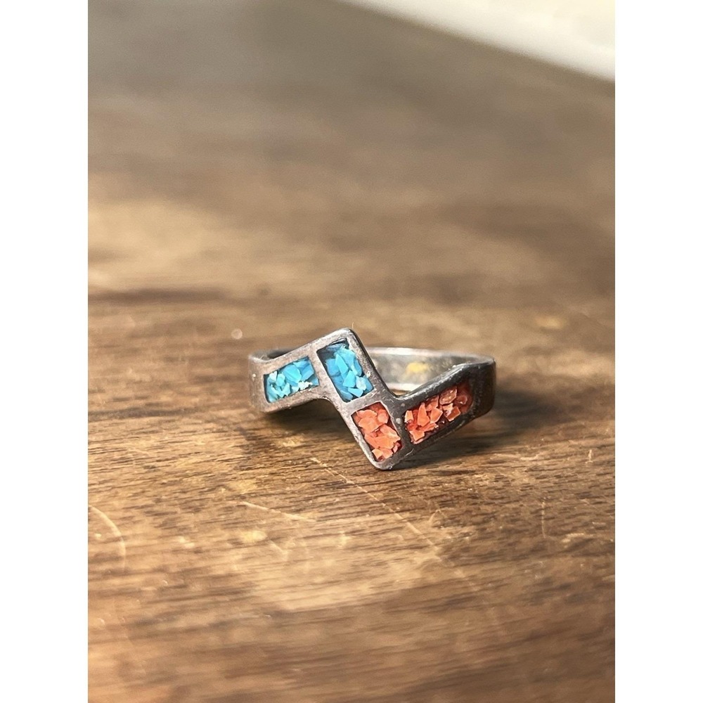 Antique Vtg Turquoise And Coral Crushed Stone Ring Sterling Silver Southwestern